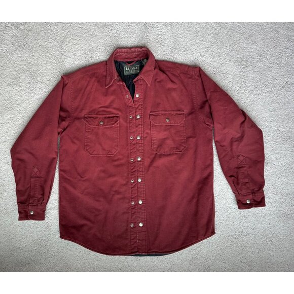 L.L.Bean Mens Vtg Size Large Maroon Lined Shirt Snap Jacket Medium - Picture 2 of 16